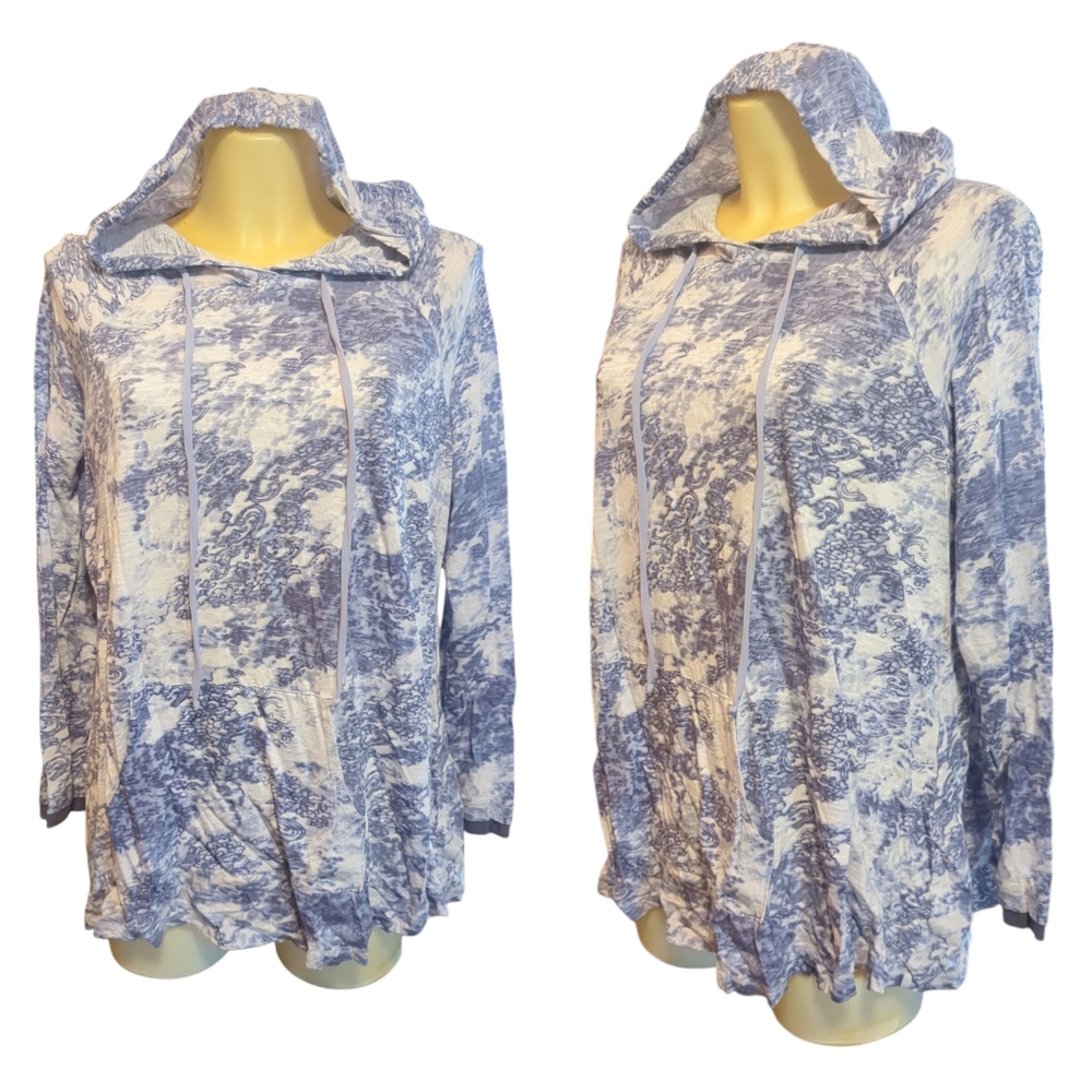 LOGO Blue and White Watercolor Tie Dye Paisley Hooded Long Sleeve Shirt
